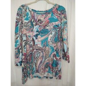Chicos Blue Pink Paisley Print Top 3/4 Sleeve Blouse T-Shirt Size 2 US L Casual